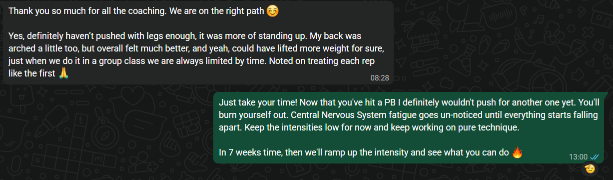 Coaching conversation about technique and recovery