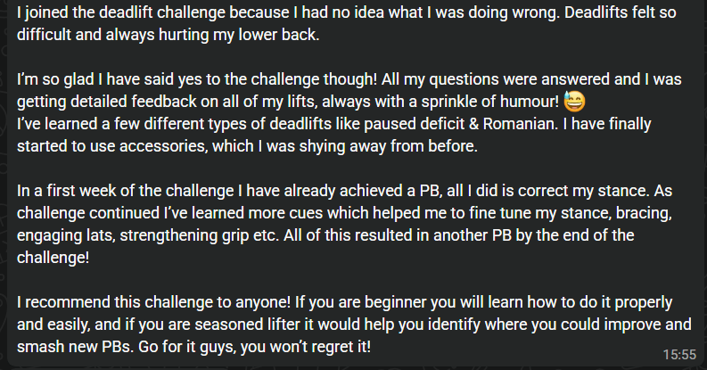 Client testimonial about the deadlift challenge and hitting two PBs
